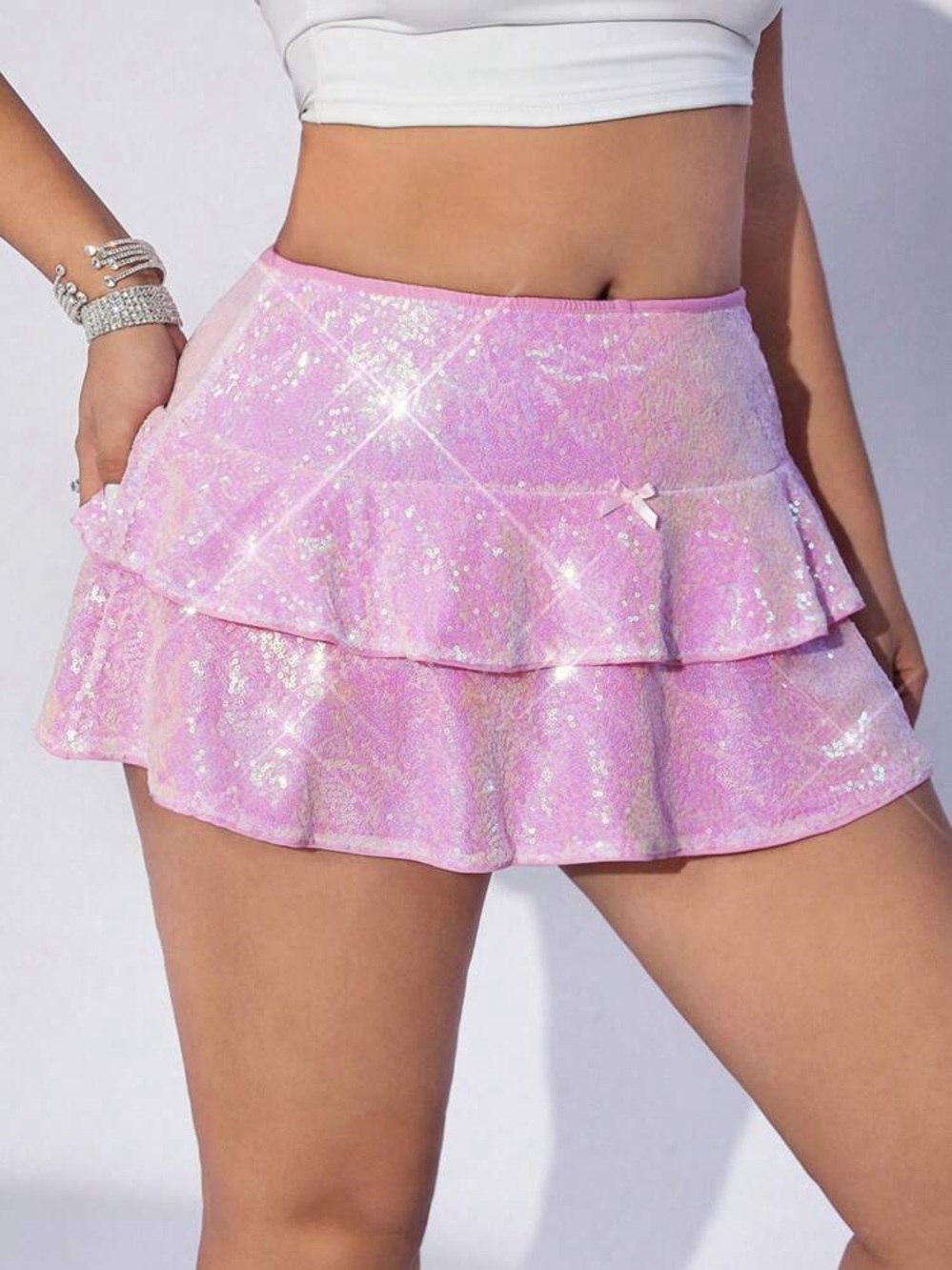 Pink Sequin Ruffle Skort Y2K Coquette Sparkly Mini Skirt w/ Built-In Shorts